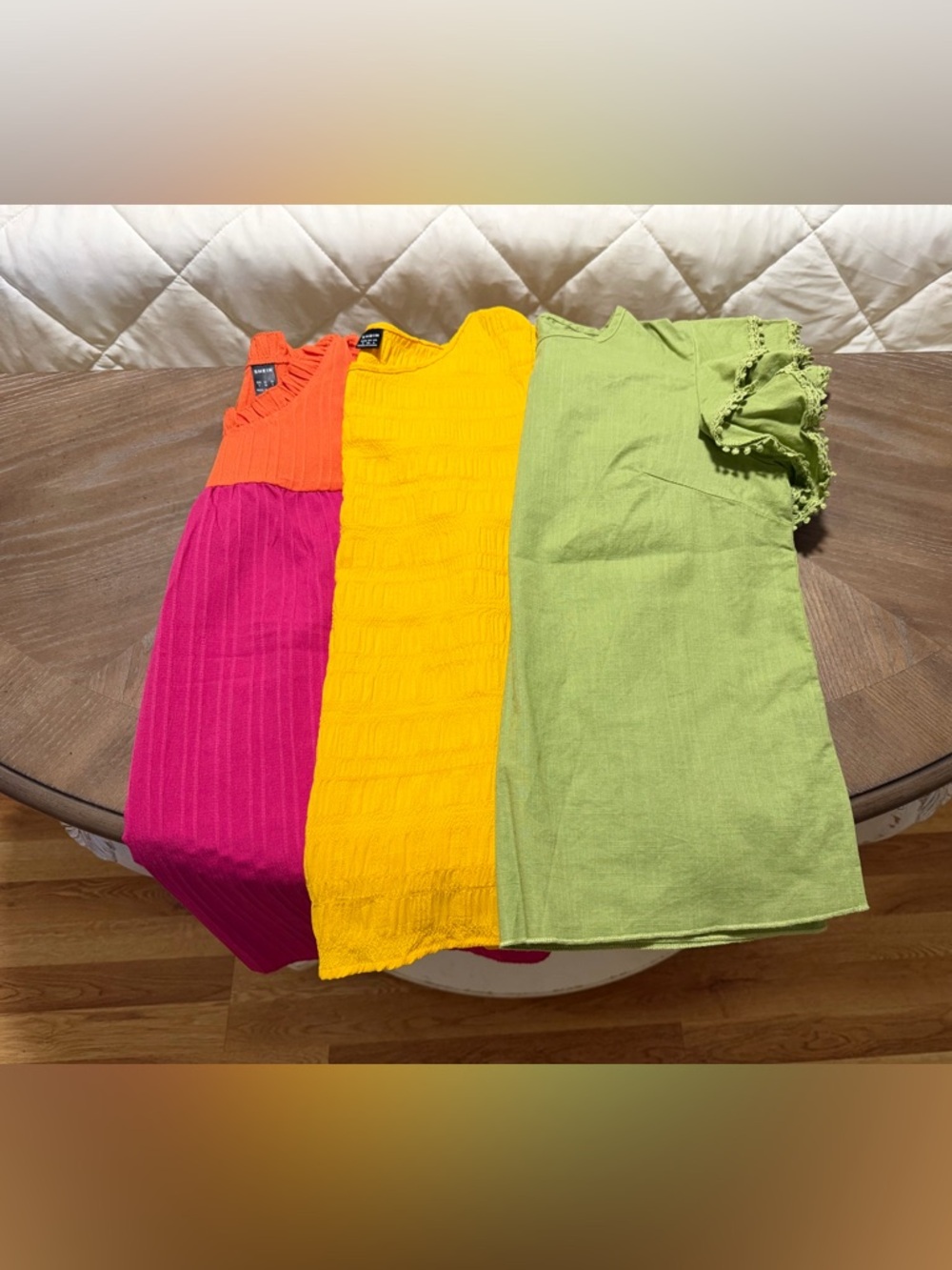 Women’s Green Ruffle Sleeve Top, yellow ruffle sleeve top, pink/orange top.